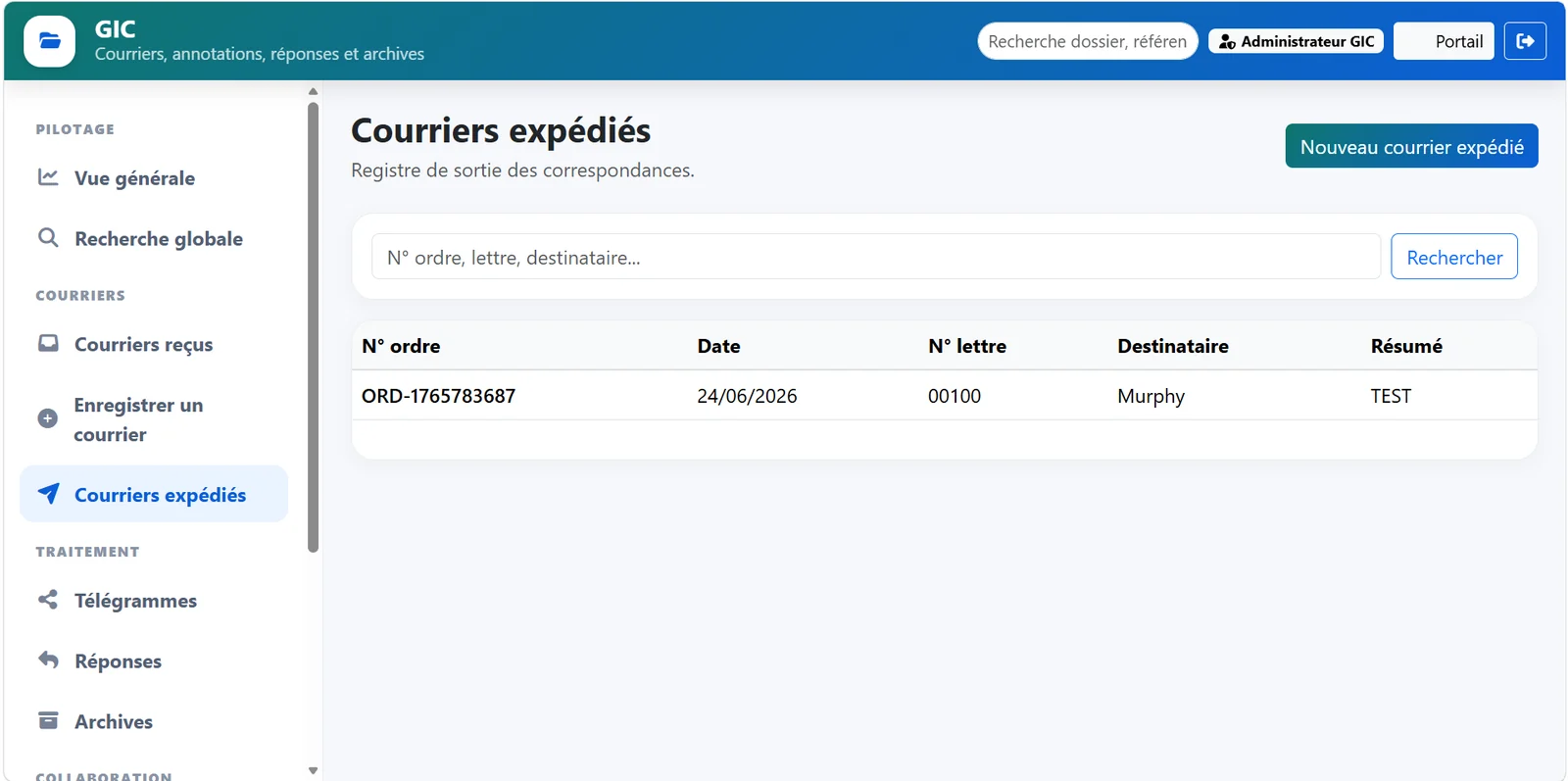 Courriers expédiés GIC