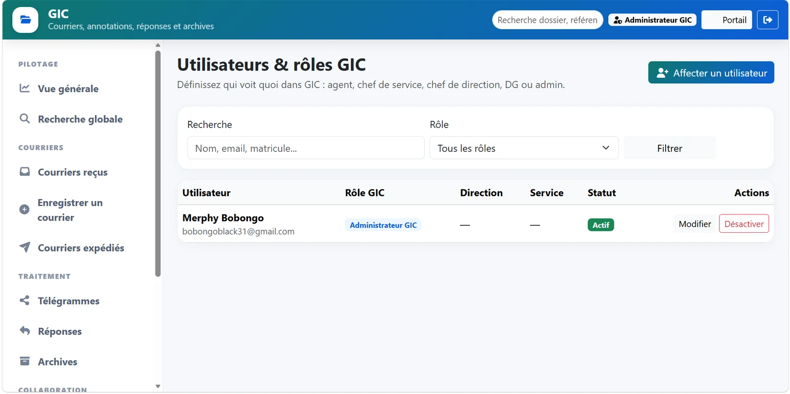 Utilisateurs et rôles GIC