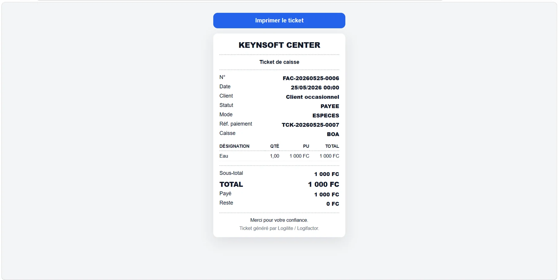 Ticket de caisse LogiFactor